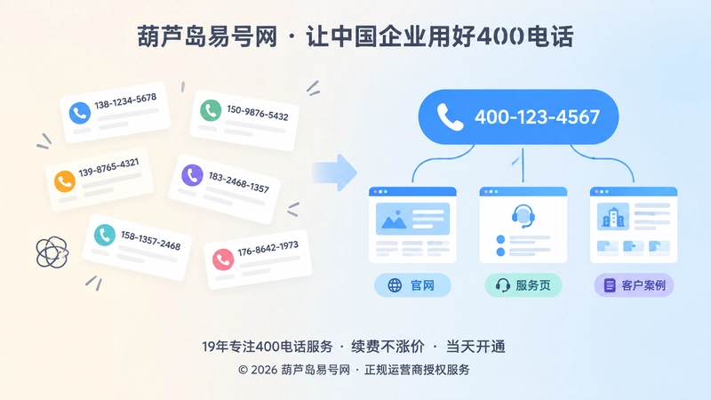 对比式扁平插画：频繁换号的信息分散与统一400电话的长期一致。