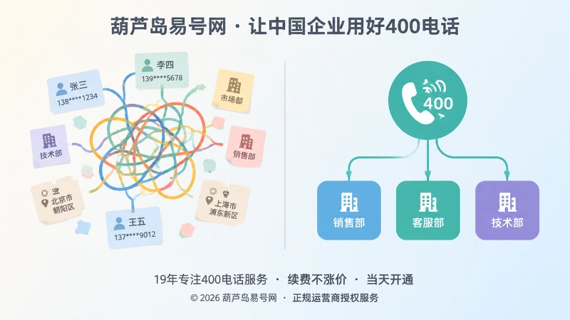 左侧是缠绕混乱的旧号码连接关系，右侧是整洁的统一入口分配结构，形成前后对比