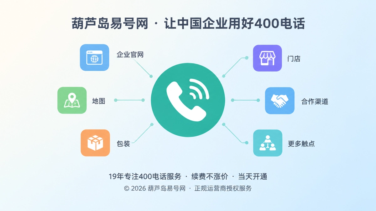 多个公开渠道的触点汇聚到一个统一的圆形通话入口，表现400电话作为企业统一通信入口的价值
